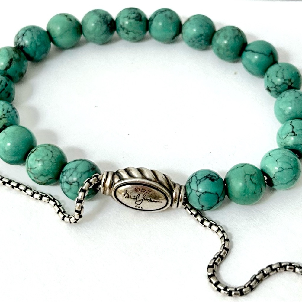 David Yurman turquoise silver adjustable prayer bead bracelet.